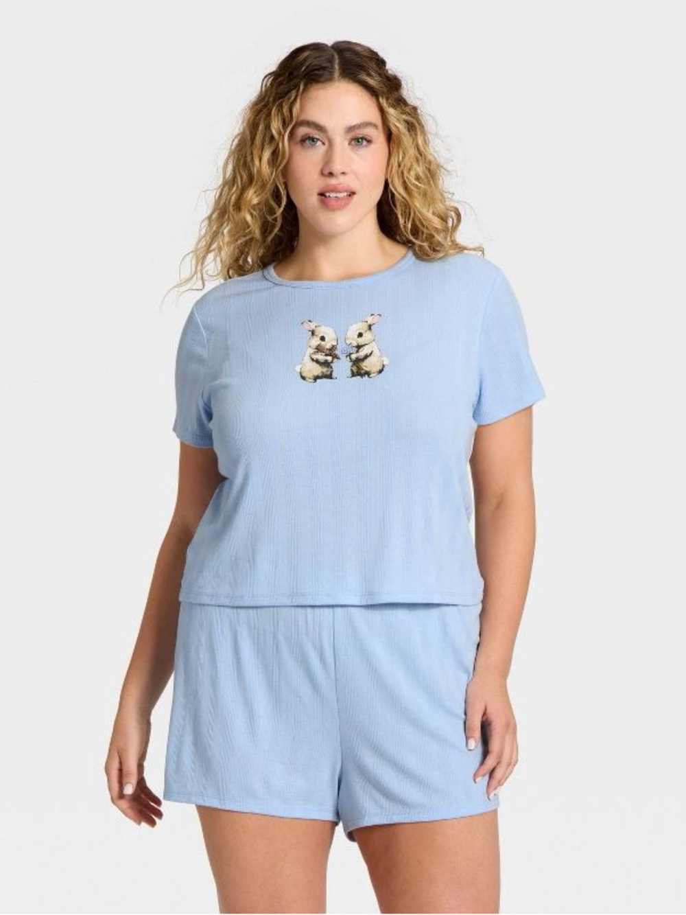 wild fable Light Blue Bunny Embroidered Short Pajama Set